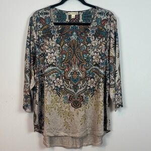 Energe Brown Paisley Boho 3/4 Sleeve Liquid Knit Top Womens 2X Comfort Stretch